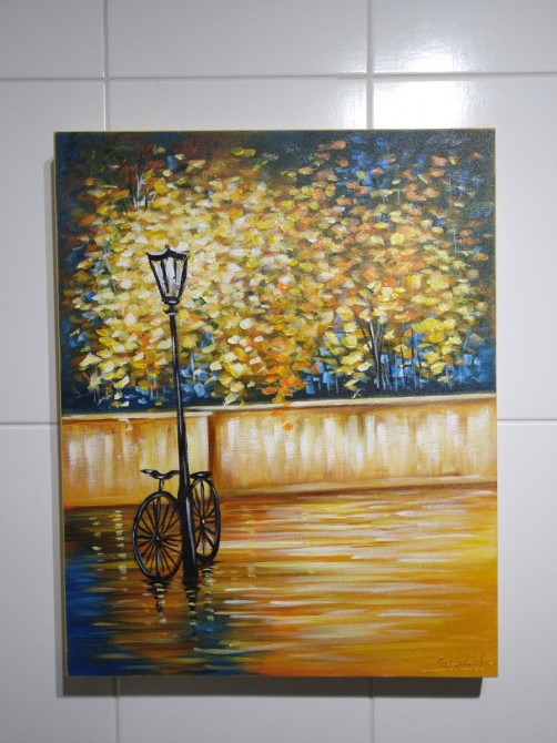 Quadro decorativo pintado a mão arvore e bicicleta  medida 50x40  