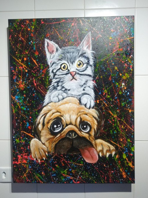 Quadro decorativo  pintado a mão cachorro e gato medida 80x60  