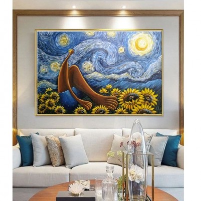 Quadro decorativo pintado a mão releitura da obra O Abaporu de Tarsila  sob o céu estrelado de Van gogh  por Katia Almeida 80x120 