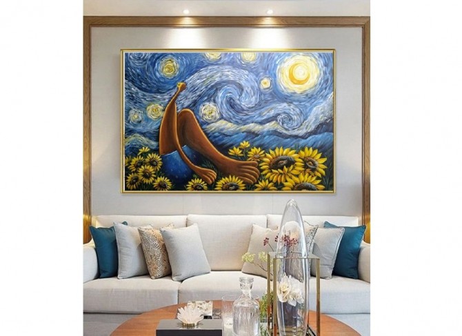 Quadro decorativo pintado a mão releitura da obra O Abaporu de Tarsila  sob o céu estrelado de Van gogh  por Katia Almeida 80x120 