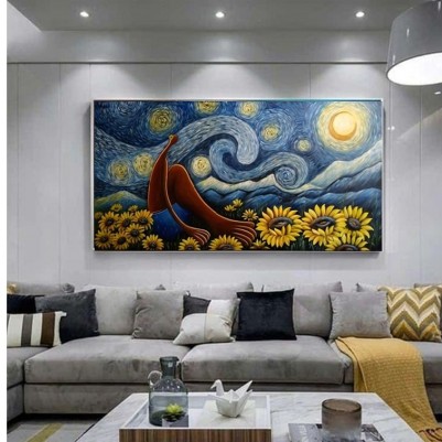 Quadro decorativo pintado a mão releitura da obra O Abaporu de Tarsila  sob o céu estrelado de Van gogh  por Katia Almeida 80x150