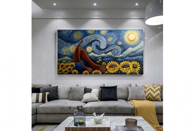 Quadro decorativo pintado a mão releitura da obra O Abaporu de Tarsila  sob o céu estrelado de Van gogh  por Katia Almeida 80x150