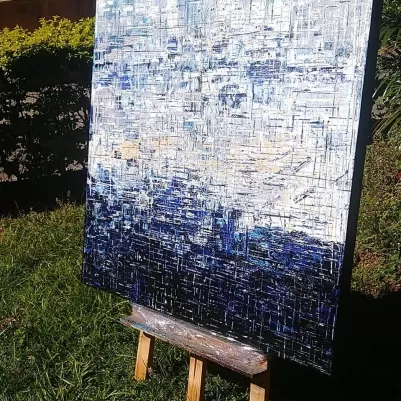 Quadro abstrato pode Dmalbet em tons de azul pintado a mão medida 90x90