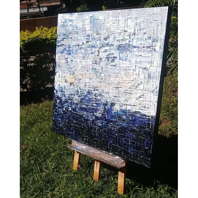 Quadro abstrato pode Dmalbet em tons de azul pintado a mão medida 90x90