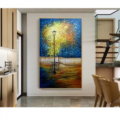 Quadro decorativo pintado a mão arvore e bicicleta medida 150x90