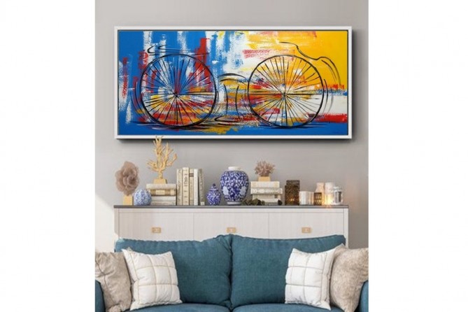 Quadro decorativo pintado a mão tema bike, ciclismo, bicicleta medida 60x120 