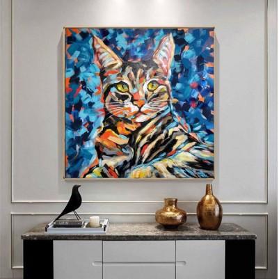 Quadro decorativo  pintado a mão gato medida 60x60  