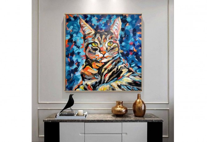 Quadro decorativo  pintado a mão gato medida 60x60  