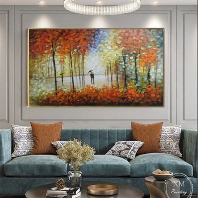 Quadro decorativo pintado a mão arvores e casal , medida 70x120