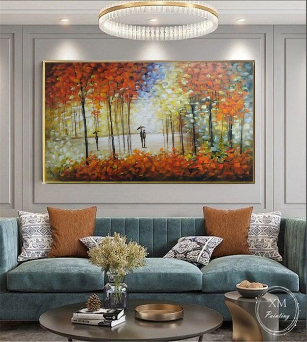 Quadro decorativo pintado a mão arvores e casal , medida 70x120