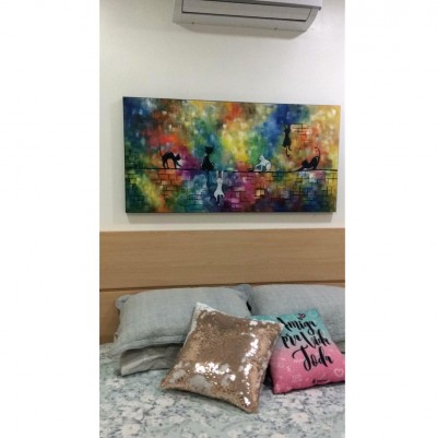 Quadro decorativo pintado a mão gatos 1A medida 60x130 