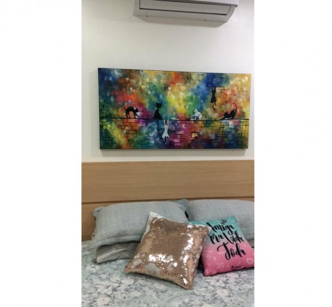 Quadro decorativo pintado a mão gatos 1A medida 60x130 