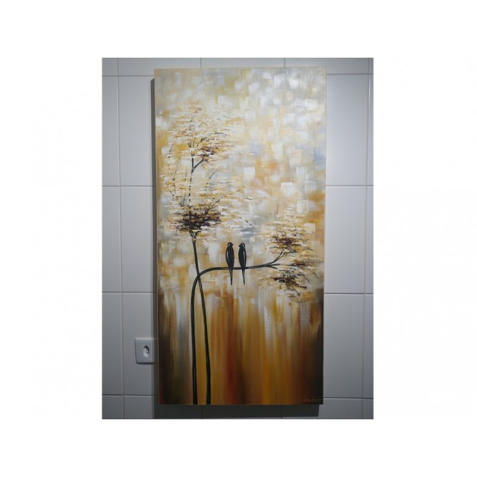 Quadro vertical  pintado a mão arvore e passarinhos medida 100x50 