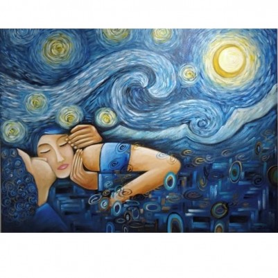 Quadro decorativo pintado a mão releitura da obra O beijo de Klimt  sob o céu estrelado de Van gogh  por Katia Almeida 90x120 