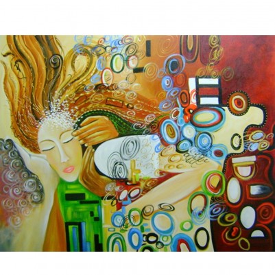 Quadro decorativo pintado a mão releitura da obra O beijo de Klimt por Katia Almeida 80x100 