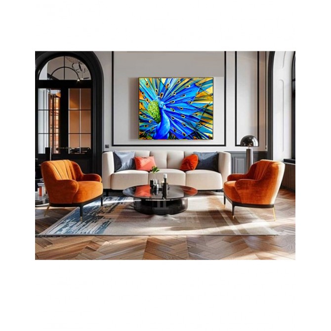  Quadro decorativo pintado a mão pavão azul 80x100