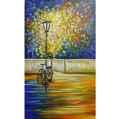 Quadro decorativo pintado a mão arvore e bicicleta medida 30x50 