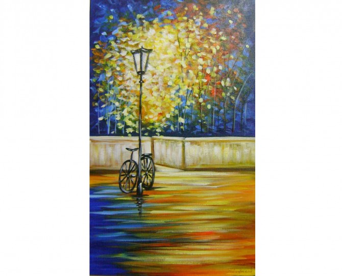 Quadro decorativo pintado a mão arvore e bicicleta medida 30x50 