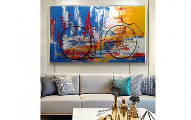 Quadro decorativo pintado a mão tema bike, ciclismo, bicicleta medida 70x120 