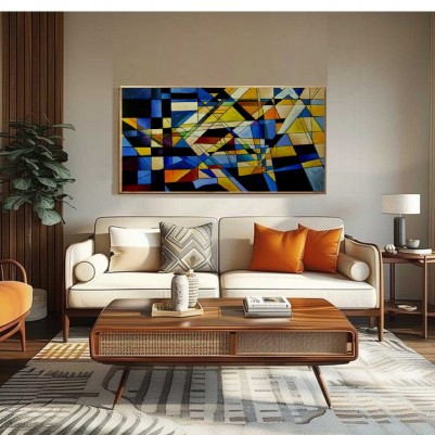 Quadro abstrato geométrico em azul e amarelo pintado a mão 60x120