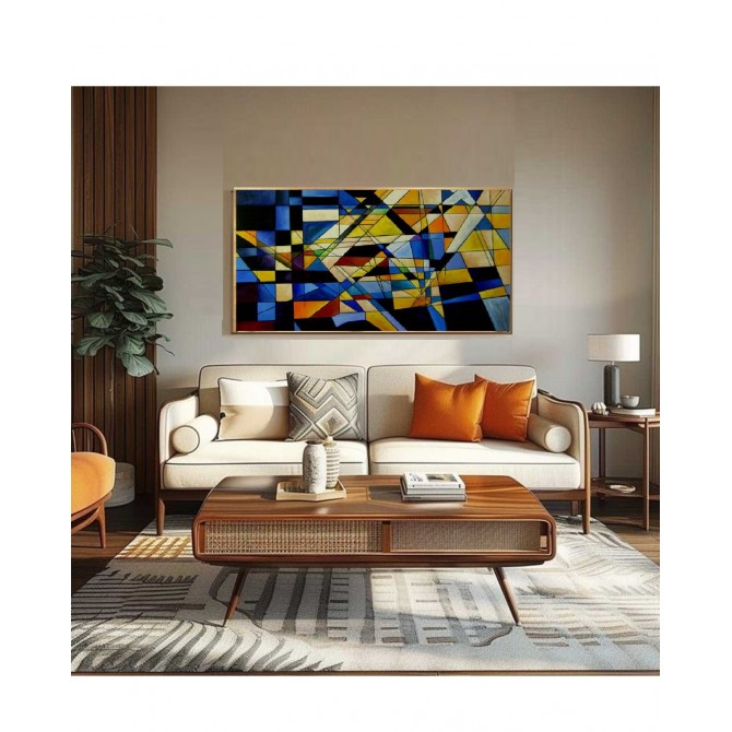 Quadro abstrato geométrico em azul e amarelo pintado a mão 60x120