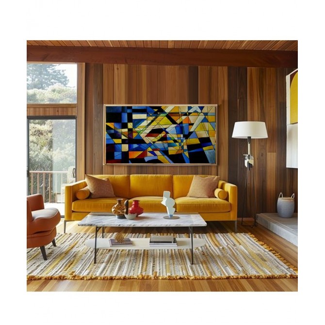 Quadro abstrato geométrico em azul e amarelo pintado a mão 80x150