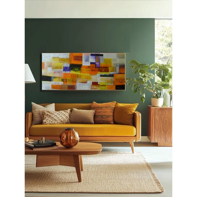 Quadro abstrato geométrico amarelo pintado a mão 50x120 