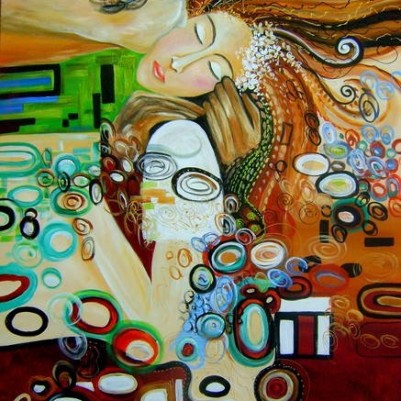 Quadro decorativo pintado a mão releitura da obra O beijo de Klimt por Katia Almeida 90x120 