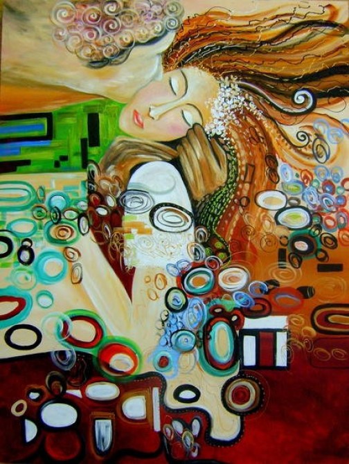 Quadro decorativo pintado a mão releitura da obra O beijo de Klimt por Katia Almeida 90x120 