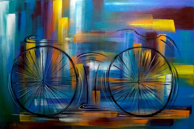 Quadro decorativo pintado a mão tema bike, ciclismo, bicicleta medida 80x120 código 1293